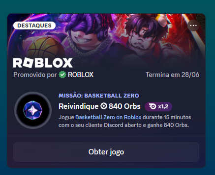 BrunoFerme's tweet photo. Mais uma nova missão, a terceira mais recentemente do Roblox, dentro do Discord. Desta vez, é o jogo "BASKETBALL ZERO". https://t.co/ld9oyWAaaI