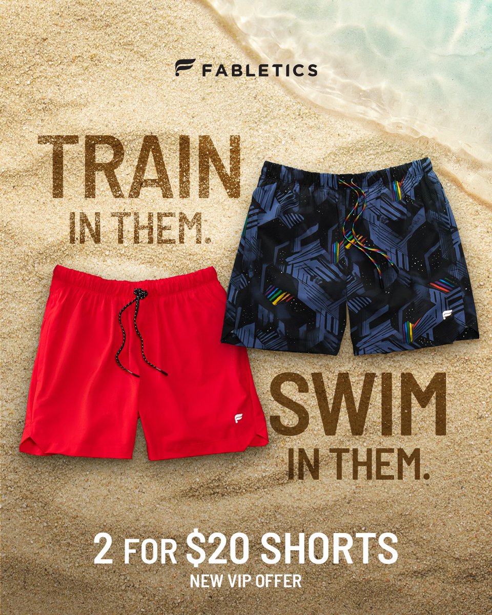 fabletics_men's tweet photo. When it comes to workout shorts, we understood the assignment. Don’t sleep on this deal, get 2 pairs of Fabletics shorts for $20 when you sign up as a new vip today.