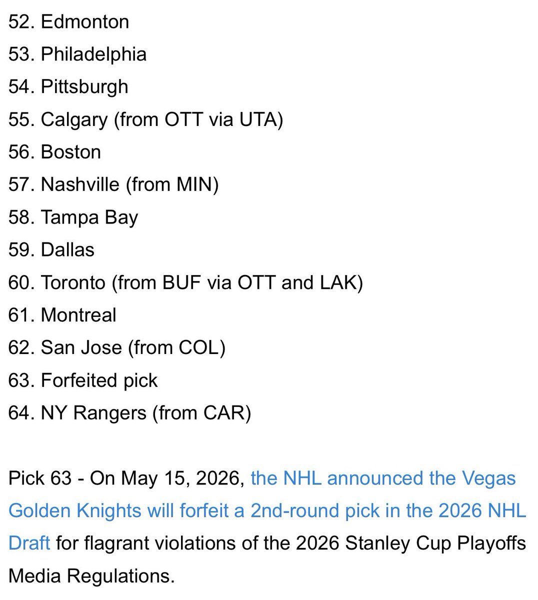 The NHL just released the official draft order for the 2026 Entry