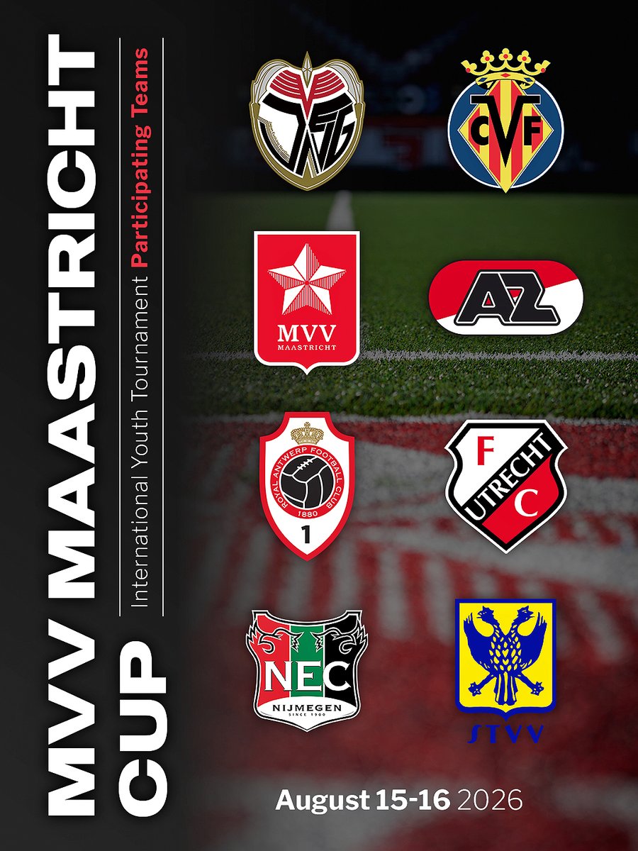 mvvcup's tweet photo. 【Participating Clubs】

The upcoming "MVV Maastricht Cup," held on August 15-16, features the U18 teams of top European clubs and "Japan Evolving NextGen"—a selected U17 team composed of rising talents from high schools and youth clubs across Japan.

🇯🇵Japan Evolving NextGen
🇪🇸 Villarreal CF
🇳🇱 AZ Alkmaar
🇳🇱 FC Utrecht
🇳🇱 NEC Nijmegen
🇳🇱 MVV Maastricht
🇧🇪 Royal Antwerp FC
🇧🇪 STVV (Sint-Truidense V.V.)

—---

🎫 Tickets for the 'MVV Maastricht Cup' are now on sale!

Check out the official website for ticket details, tournament info, and the latest news!
🔗Official website: https://t.co/cPp2NBJadW