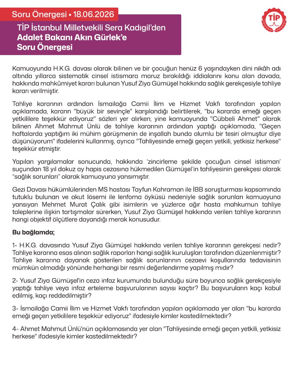Tipli_Kadinlar's tweet photo. Milletvekilimiz Sera Kadıgil Akın Gürlek'e soru önergesi verdi. Önergede Yusuf Ziya Gümüşel'in tahliyesini değil yargıya müdahale iddialarını, siyasi etkileri ve cezaevlerindeki ağır hasta mahpuslar için uygulanan çifte standardı da gündeme taşıdı. 

Kamu vicdanını yaralayan bu soruların yanıtlanmasını istiyoruz.
Adalet kişiye göre değil, herkese eşit uygulanmalıdır.