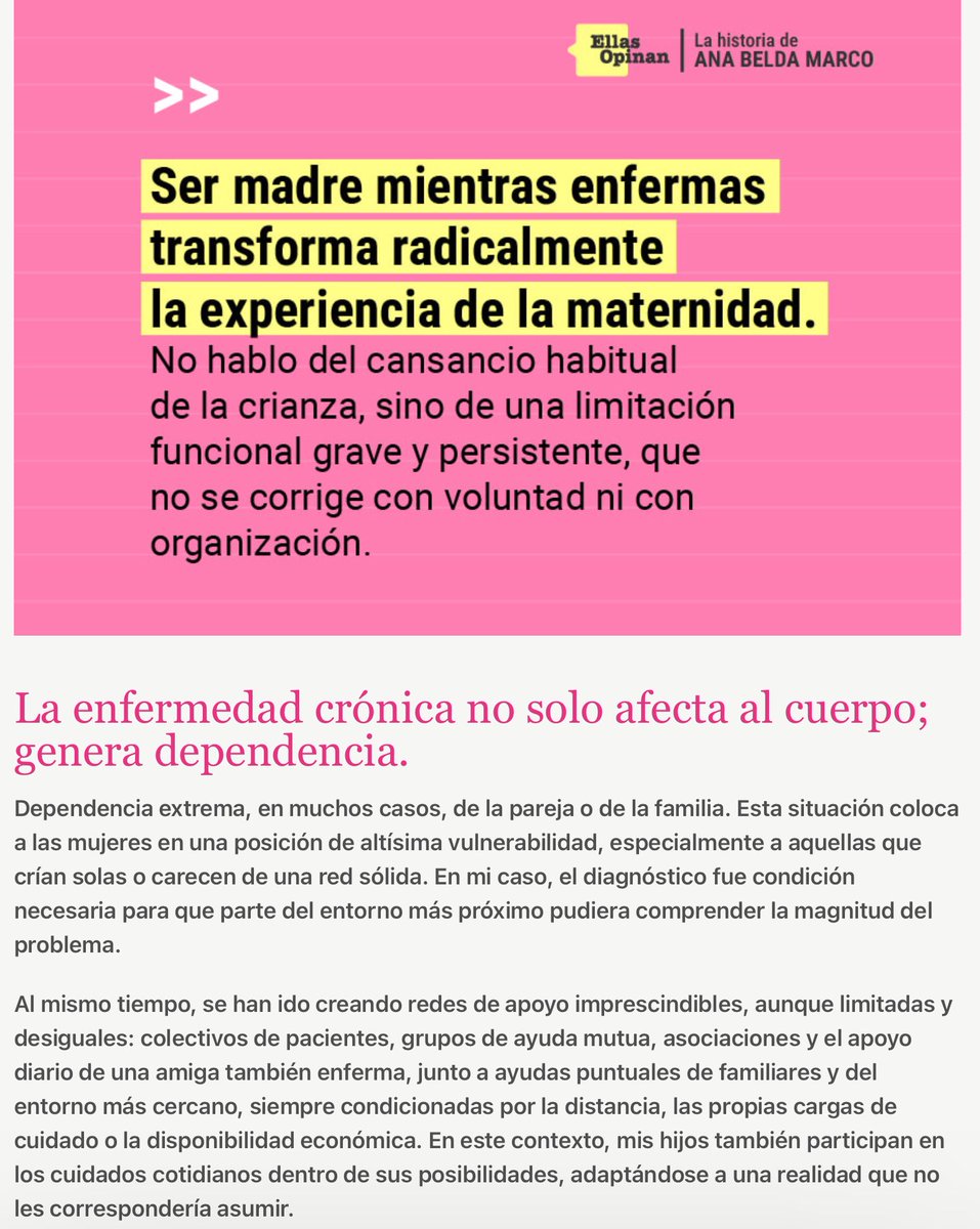 NoInvisibles's tweet photo. La #EMSfc y la maternidad, en primera persona.
Ana comparte en #EllasOpinan, de @malasmadres, cómo es criar con #EncefalomielitisMiálgica, una enfermedad crónica e inhabilitante que condiciona cada aspecto de la vida cotidiana.
“Ser madre mientras enfermas transforma radicalmente la experiencia de la maternidad.”
Lo puedes leer aquí 👇
https://t.co/rft2Udu8Gs