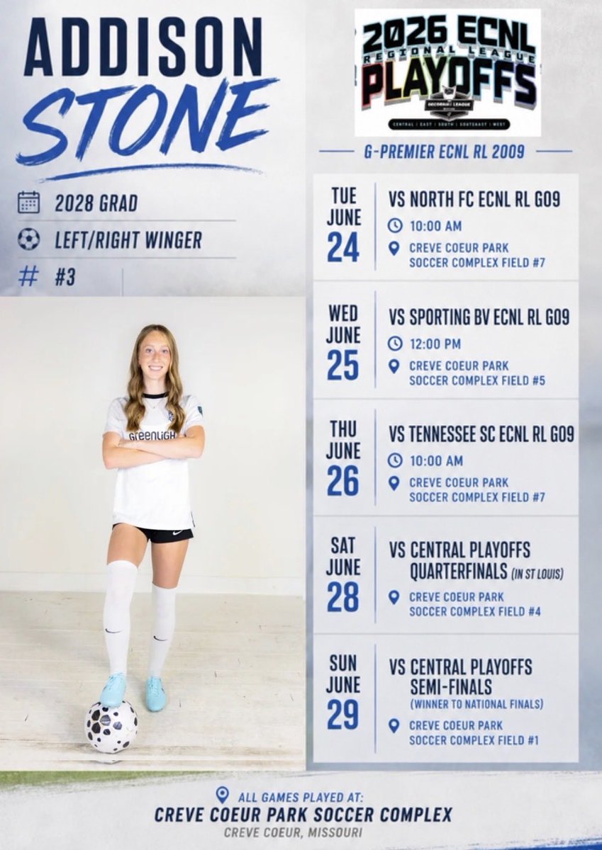 AddisonLStone's tweet photo. Ready and excited for the ECRL Central playoffs next week! I am grateful to be playing up an age group with the 2009 KCA Ecrl team! Here is our schedule: 
@ECNLgirls https://t.co/7nLv25I6YI