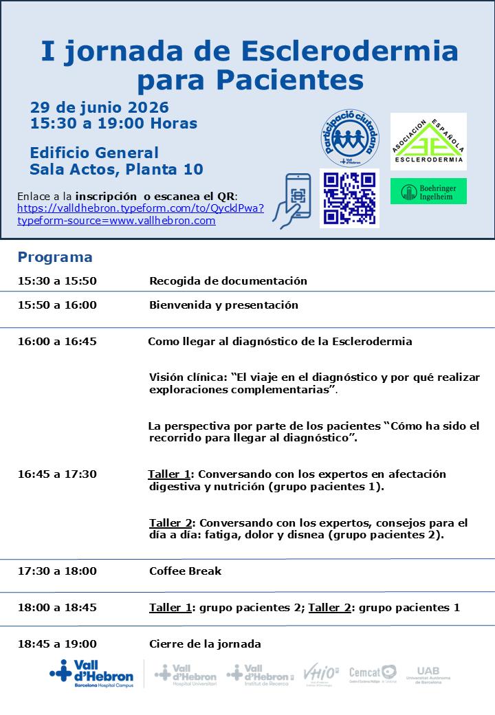 _AlfredoGuillen's tweet photo. 29 Junio celebramos la I Jornada de Esclerodermia para Pacientes a la @vallhebron
Incluirá sesiones informativas, y espacios de conversación.
📍 Salón de actos, planta 10, Edificio General
📅 29/06/2026
🕒 15:30-19:00 h
💻 Presencial
📝 Inscripción: QR
@AEEsclerodermia @cpsimeon https://t.co/Hv28r3qqws