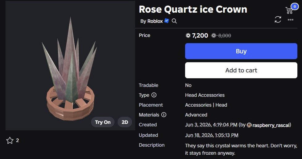 RoUtilityNews's tweet photo. Roblox just released an exclusive item, the Rose Quartz Ice Crown. It’s currently on-sale for 8,000 Robux.

https://t.co/K5QnpSfaN1 https://t.co/N5PjzUZtQ6