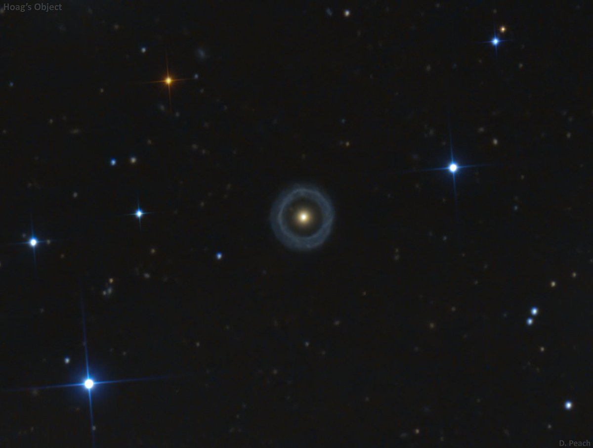 peachastro's tweet photo. Here is a view of one of my favourite galaxies, and one of the most peculiar looking in the entire sky - Hoag's Object.

Located about 600 million light-years away in the constellation Serpens, it is a rare ring galaxy with a bright, yellowish core surrounded by a nearly perfect blue ring of young, hot stars. Between the two lies a dark gap, making the galaxy look almost artificial, like a cosmic eye floating in deep space.

Discovered by astronomer Arthur Hoag in 1950, this object puzzled scientists for decades. Its unusual shape may have formed after a collision or gravitational interaction, though no obvious companion galaxy remains nearby to explain it. The central core contains older stars, while the outer ring is rich in star formation.

Hoag’s Object reminds us that galaxies are not all neat spirals or ellipticals. Some are cosmic oddities, shaped by events we are still trying to understand.

This view combined data from two imaging systems totaling around 22hrs total time.