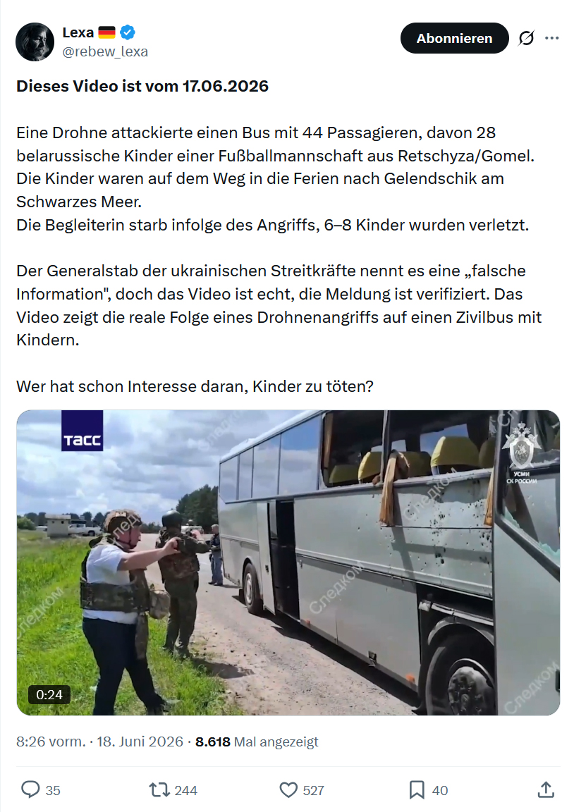 ungemeve's tweet photo. ℹ️ Sehr geehrte Frau K.,
 
Ich erlaube mir, direkt öffentlich auf Ihre Mail-Anfrage zu antworten. Sie nutzen ja offensichtlich X.
 
▶️ „Eine Drohne attackierte einen Bus mit 44 Passagieren, davon 28 belarussische Kinder einer Fußballmannschaft aus Retschyza/Gomel. Die Kinder waren auf dem Weg in die Ferien nach Gelendschik am Schwarzes Meer. Die Begleiterin starb infolge des Angriffs, 6–8 Kinder wurden verletzt.“
 
Zunächst: Wie fucking dreist und/oder realitätsvergessen muss man sein, mit Jugendlichen aus dem weißrussischen Retschyza an einem Krieg vorbei zu fahren? Um die Ukraine herum? Haben Sie sich das einmal auf der Karte angeguckt?
Haben die vielleicht mal in den scheiß Nachrichten geguckt, was da los ist?
 
Und dann passen die Beschreibungen nicht zu dem Video, nach dem Sie fragen.
 
Zu sehen ist eine Splitter- oder Schrapnell-Wirkung auf die rechte, fordere Seite des Busses. Oder zumindest etwas, was so aussieht. Eher Schrot, die Einschläge sind viel zu klein. Die Frontscheibe ist intakt. Bemerkenswerterweise.
Jede eingesetzte ukrainische Drohne wirkt durch Sprengladung, vielleicht auch Spreng-Splitter.
Es sind aber im Video keinerlei Brandfolgen zu sehen. Da muss also etwas getroffen haben, was Splitter verursacht und so weit weg war, dass es keine Brandreaktion auslöste. Da hat etwas "Klingeling" gemacht. (Onomatopoesie von Soldaten, an denen die Splitterwirkung am Helm hörbar vorüber gegangen ist.)
 
Ein Bus, der von einer ukrainischen Drohne – egal welcher – getroffen worden wäre, würde andere Schäden aufweisen. Und weit größere.
Die Drohnen sind dazu gebaut, um gepanzerte Fahrzeuge zu knacken. Verbrennungen, die Scheiben wären rausgedrückt, die Träger dazwischen verbogen, vielleicht das Dach aufgepilzt.
 
Die von Ihnen vorgeschlagene MG-Munition hätte den Bus auf der einen Seite getroffen und wäre auf der anderen Seite ausgetreten.
Ich war in der infanteristischen Grundausbildung MG-Schütze, ich hätte den Bus mit einem 300er-Gurt komplett zerlegt. Keiner hätte überlebt. Geschweige denn aus einem sog. koaxialen MG eines Panzers. MG wird ständig unterschätzt, weil die Leute nicht wissen, was MG heißt. Ein deutsches MG schießt durch einen Motorblock.
 
Schauen Sie einmal auf die Accountbeschreibung: „Deutschland zuerst | Gegen Masseneinwanderung und Werteverfall | Realität ohne Filter“
Was soll man dazu noch sagen?
Keine Quelle für das Video, nicht einmal eine Ortsangabe. Und keine Kinder.
 
Nix für ungut, wirklich. Aber alleine Ihre Anfrage und Ihr „Auf Kinder schon gar nicht.“ zeigt doch, dass Sie durch die bloße Behauptung, dort seien Kinder getroffen wurden, getriggert wurden.
Und deshalb antworte ich offen. Weil viele Menschen so reagieren. Im Krieg sterben auch Kinder, Frauen, Alte, das ist es, was Krieg bedeutet.
Nichts, absolut gar nichts, weist darauf hin, dass dort absichtlich Kinder befeuert wurden. Nicht einmal, dass welche anwesend waren.
 
Und wenn dieser Bus durch eine aktive Kampfzone eines Krieges fuhr, woher sollte ein Drohnenpilot wissen, dass dort Kinder drin sitzen?
 
Der Schlüsselring, an dem ich meinen Haustürschlüssel habe, ist besonders. Es ist nämlich der Splint-Ring meiner ersten scharfen Handgranate. Und exakt so sehen die Schäden am Bus aus.
Entweder, da hat jemand eine Handgranate vor den Bus geworfen, oder der Bus ist an einem Blindgänger vorbeigefahren und hat ihn ausgelöst. Oder irgendetwas ähnlich lapidares. Er war in der Nähe, als ein anderes Fahrzeug angegriffen wurde.
 
Ich könnte es noch weiter auseinanderklamüsern. Beispielsweise, wie viel Liter Blut jemand verliert, der durch Splitter tödlich getroffen wurde. Oder wieso Reisebusse (!) durch dieses Gebiet fahren.
Das ist mir zu blöde. Tut mir leid. Ich erhalte mehrere solcher Anfragen täglich.
 
Das ist absolut kein Vorwurf an Sie, Frau K. Denn dafür bin ich ja da, das ist mein Job. Ich sollte Ihnen dankbar für die Frage sein.
Aber es zeigt doch, wie naiv viele Menschen mit irgendwelchen Postings auf Social Media umgehen.