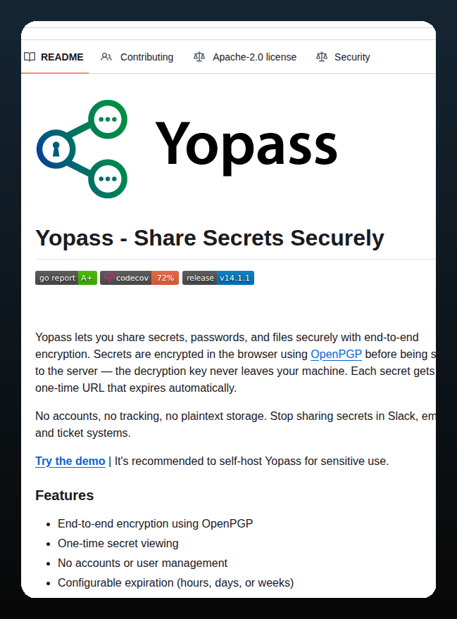 tom_doerr's tweet photo. Securely share secrets without user accounts

https://t.co/B3S8CGVeh5 https://t.co/aADqkT28Nz