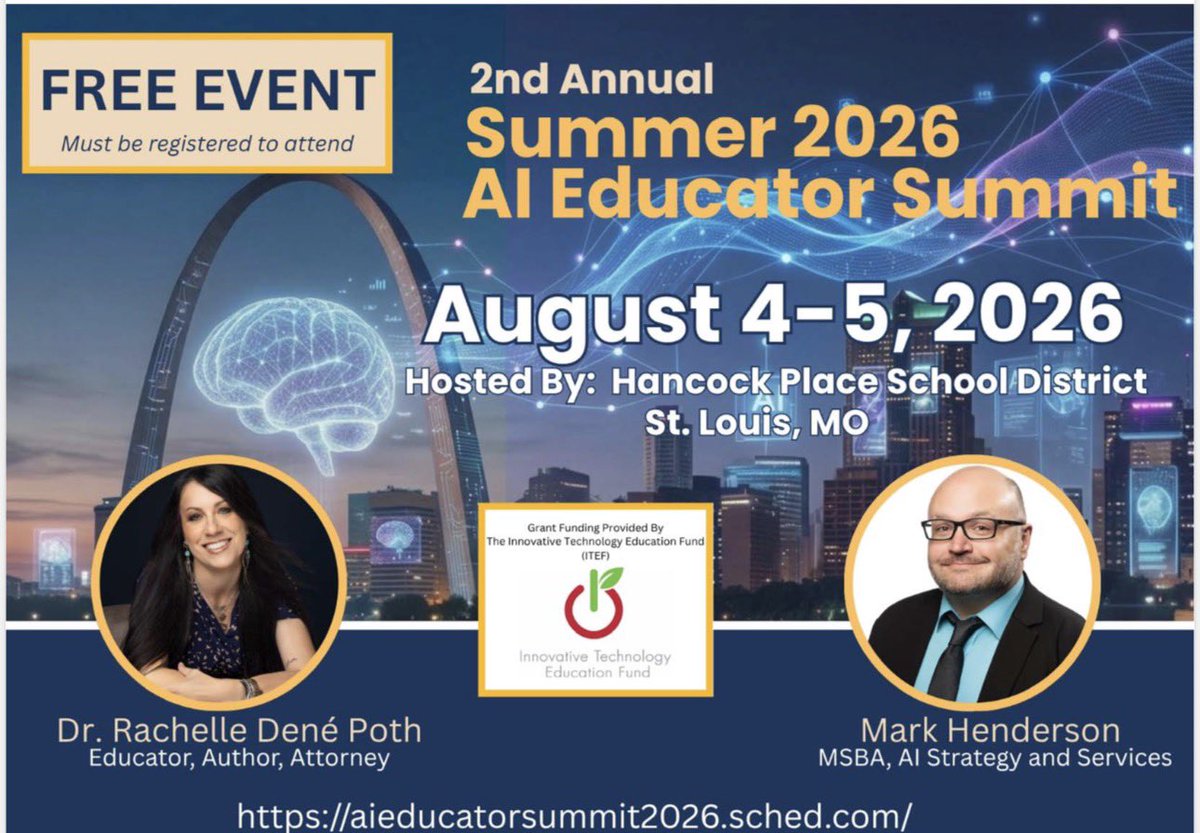 TedHiff's tweet photo. Wow!!!! Look who’s coming to the Summer 2026 AI Educator Summit - Dr. @Rdene915!!!  Thank you @HancockSupt and @mdirksen!  @SteinbrinkLaura @Principal_RES @Erin_Lawson3 @4stiner @skulpa @StLouisRPDC https://t.co/ZXxwCFrjK2
