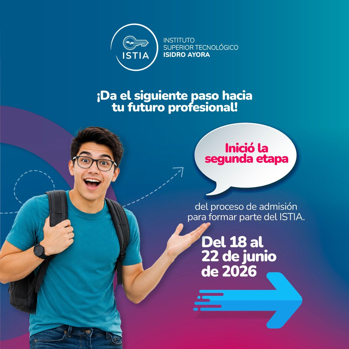 ContraloriaECU's tweet photo. 🔑 #ISTIA | ¡Inició la segunda etapa del proceso de admisión! 

📅 Del 18 al 22 de junio de 2026 realiza tu inscripción en:
https://t.co/tM0YAxCR56

✅ Registra tus datos
✅ Selecciona al ISTIA
✅ Postula a una educación 100% gratuita y en línea

📩 Mantente atento a tu correo electrónico para conocer las siguientes etapas del proceso.

🌟 ¡Da el siguiente paso hacia tu futuro profesional!