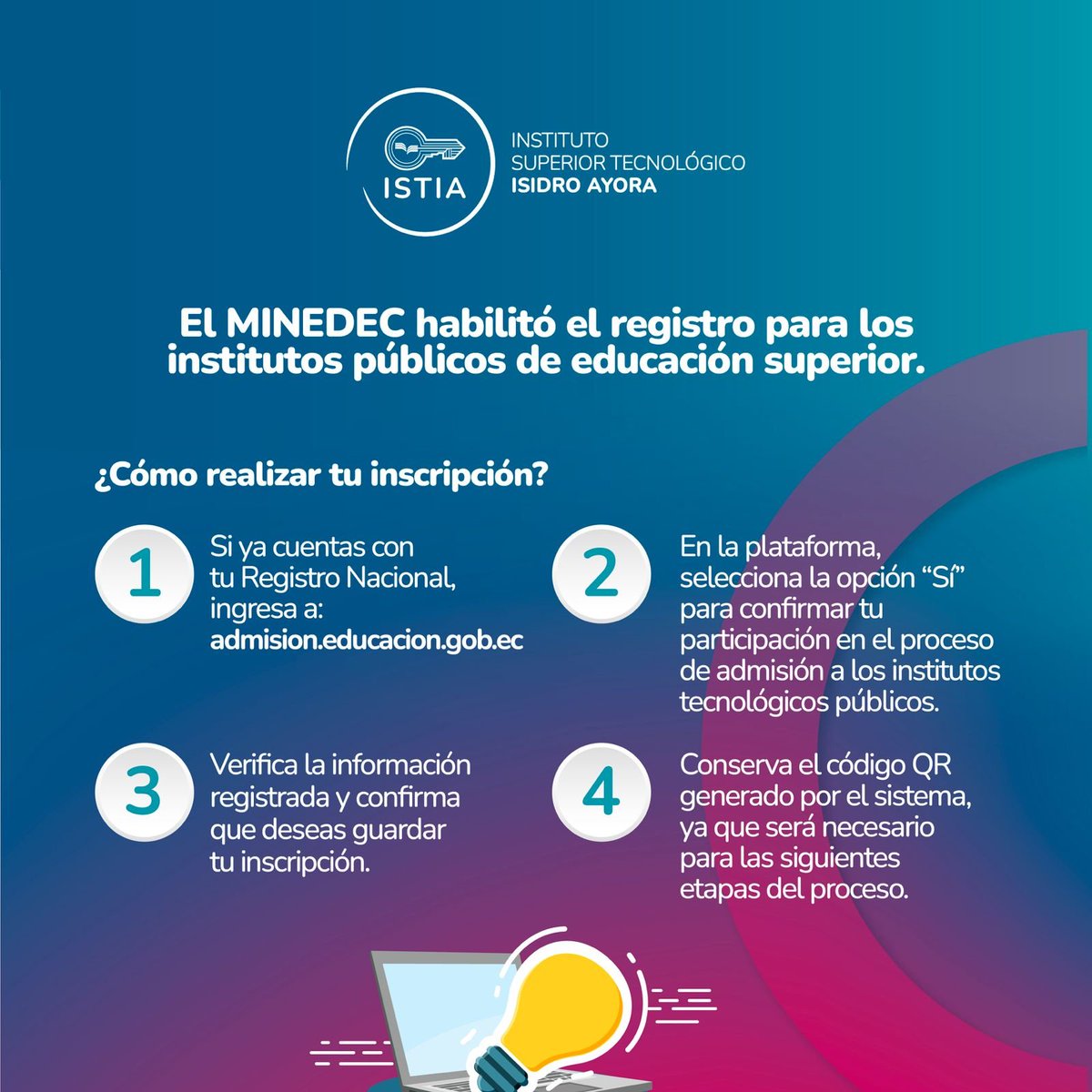 ContraloriaECU's tweet photo. 🔑 #ISTIA | ¡Inició la segunda etapa del proceso de admisión! 

📅 Del 18 al 22 de junio de 2026 realiza tu inscripción en:
https://t.co/tM0YAxCR56

✅ Registra tus datos
✅ Selecciona al ISTIA
✅ Postula a una educación 100% gratuita y en línea

📩 Mantente atento a tu correo electrónico para conocer las siguientes etapas del proceso.

🌟 ¡Da el siguiente paso hacia tu futuro profesional!