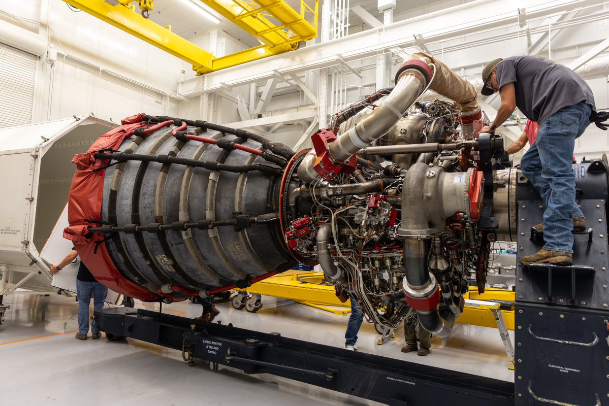 NASAKennedy's tweet photo. The official start of building the @NASAArtemis III powerhouse. 🚀

The first of four RS-25 engines for the Artemis III core stage is now inside the Vehicle Assembly Building at Kennedy! These powerful engines – providing two million pounds of thrust at liftoff – will help propel Orion on humanity’s next chapter of lunar exploration.