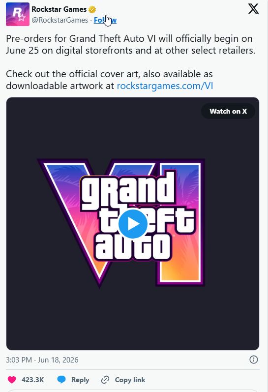 FC27FUT's tweet photo. 🚨 **GTA VI PRE-ORDERS OPEN JUNE 25 — IS EA FC UNDER PRESSURE TO DELIVER?** 🚨

With **Grand Theft Auto VI** officially opening pre-orders on June 25, the gaming world is preparing for what could become the biggest entertainment launch in history. The hype surrounding Rockstar's blockbuster is already dominating social media, gaming news, and player discussions.

For **EA Sports FC**, the timing couldn't be more challenging.

Every year Ultimate Team players expect bigger innovations, better gameplay, improved rewards, and meaningful content. But with GTA VI set to capture millions of players' attention, EA can no longer rely on minor upgrades and recycled features. The competition isn't another football game anymore — it's the most anticipated game of the decade.

The question is simple:

🔥 Will EA FC deliver a revolutionary season packed with fresh content, game-changing features, and rewarding progression?

❌ Or will players see another year of promises, recycled mechanics, and missed opportunities while GTA VI steals the spotlight?

One thing is certain: the gaming industry is about to witness a battle for players' time unlike anything we've seen before.

🎮 The pressure is on.

#GTA6 #GTAVI #RockstarGames #EAFC #EAFC27 #UltimateTeam #GamingNews #FootballGaming #FUT #FUTTrading #FUTCommunity #FC26 #FC27 #Xbox #PlayStation #PCGaming #GamingCommunity #VideoGames #Rockstar #EASports #GamingIndustry #NextGenGaming #GamersUnited #FutReveal