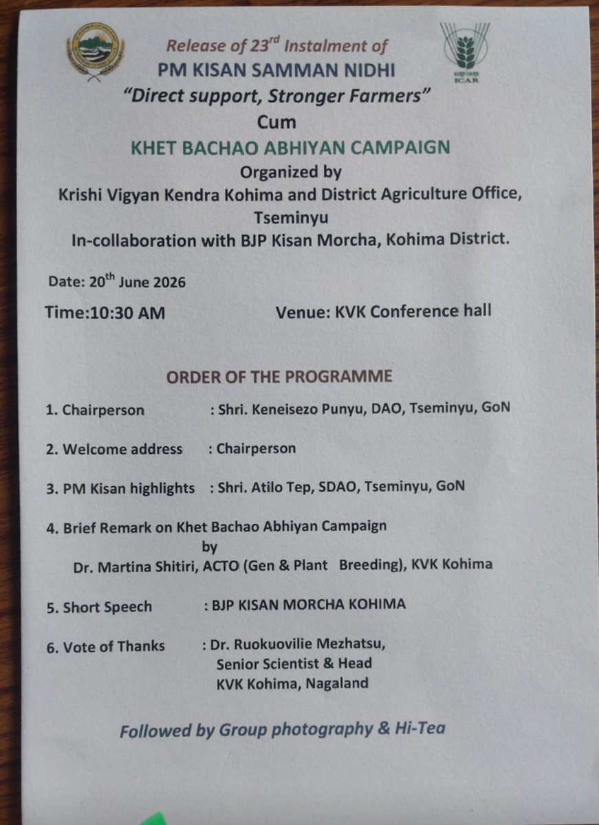 BJP4KisanM's tweet photo. Join the Khet Bachao Abhiyan workshop and training cum PM-KISAN 23rd Installment Release Programme on 20 June 2026 at 10:30 AM at the KVK Conference Hall, Kohima.
@BJP4Nagaland @kmshambhu @Rajkumarchahar9 @YepthomiBen https://t.co/7dm7DtAeWH