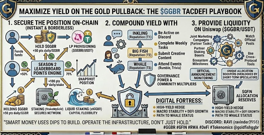 Ravinder471471's tweet photo. Gold just pulled back from its all-time high, presenting the ultimate generational accumulation zone. For traditional investors, buying the dip means letting capital sit flat in a bank or vault, waiting for the chart to tick up.
But in Web3, macro safety doesn't mean sacrificing active yield.
@goldfishggbr changes the calculus entirely. By bringing physical gold on-chain via $GGBR, you aren't just protecting your purchasing power with an asset that has held value for 5,000 years—you're actively scaling it through decentralized finance (#DeFi).
Here is how you turn a passive hedge into an active capital efficiency play:
1. Secure Your Position On-Chain
Skip the legacy broker fees, storage logistics, and premium markups. $GGBR gives you instant, borderless, fractional access to gold liquidity directly inside your sovereign wallet.
2. Compound with StakeMyGold
Don't just watch your gold collect digital dust. By depositing your tokens into StakeMyGold, you lock in baseline protocol rewards while maintaining full alignment with the ecosystem's structural floor.
3. Deepen the Pools on Uniswap
For the yield maximizers, providing $GGBR/USDT liquidity on @Uniswap lets you capture a continuous stream of trading fees. You aren't just holding a commodity; you're operating the infrastructure.
Smart money doesn't buy a dip just to let it sit still. It uses macro market discounts to build a defensive, cash-flowing digital fortress. 🏛️⚡
📈 Leaderboard Grind:
Fully positioned across the Season 2 parameters on the path from #BigFish to #Whale status. If this market breakdown helps optimize your allocation strategy, drop a nod and support in the 👥│recommendation Discord channel! 🤝
Discord: RAVI (ravinder3956)
#GGBR #GFIN #RWA #DeFi #Gold #Crypto #Staking @goldfishggbr
