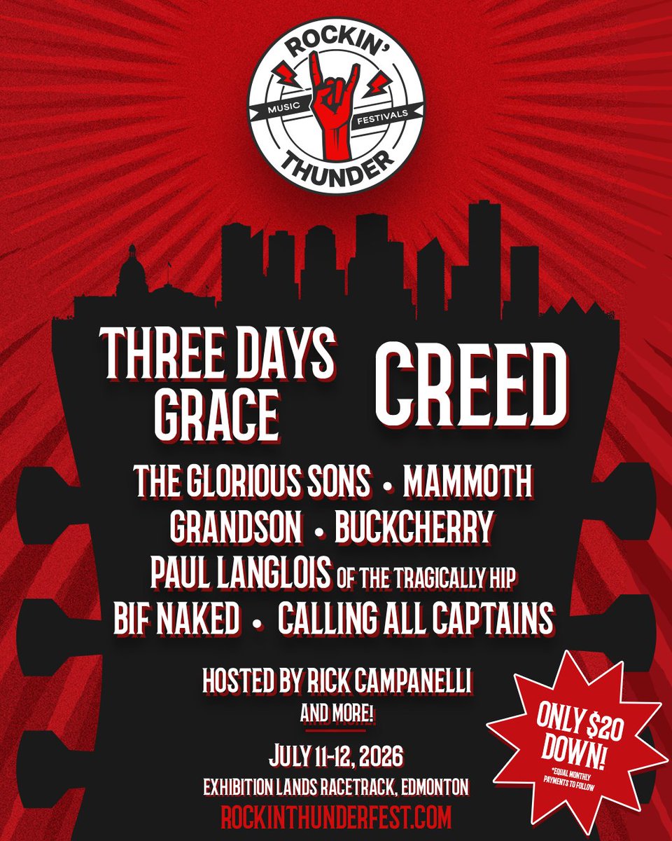 1005CRUZFM's tweet photo. 🎸 Get ready to feel the thunder... Rockin' Thunder is rolling into Exhibition Lands Racetrack in Edmonton with Three Days Grace on July 11th & Creed on July 12th!

Listen to Cruz Mornings all week for your chance to win a pair of General Admission Weekend Passes! 🎟️🔥 PLUS one lucky winner will be upgraded to 2 Platinum Experience Passes!