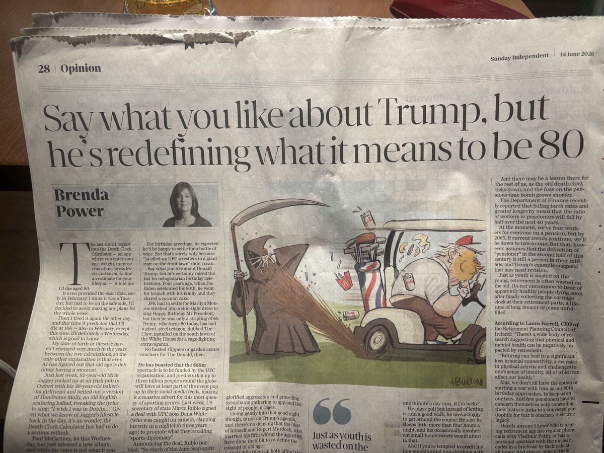 SeanKellyMEP's tweet photo. Catching up on an excellent article by @brendapower in #SIndo . She says, ‘Just as youth is wasted on the young, retirement is often wasted on the old’. Correctly she references @DonaldTrump @MickJagger  & @PaulMcCartney all flying it still in their 80’s ! Pension crisis coming down the tracks if people retire when ‘society’ either expects or demands of them to do so . Rethink for the sake of economy needed  ! I think if I didn’t know my age , I could still be playing for @KilcumminGAA  , thanks be to God ! They say , hard work , never killed anyone but as Brenda points out retirement has !! As Brenda wrote , ‘We need to up our game ‘ !!!