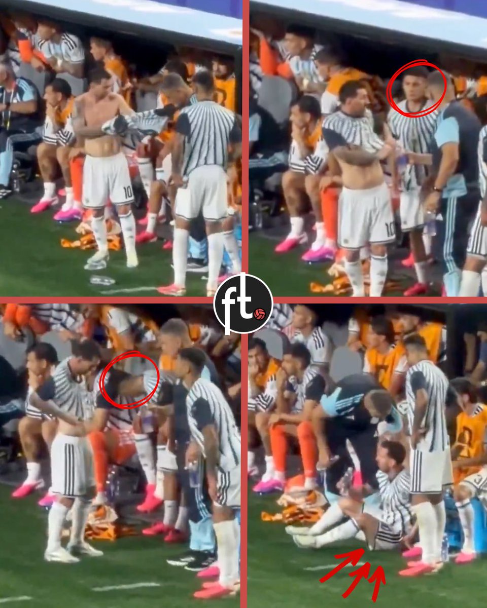 Footballtweet's tweet photo. When Leo Messi was substituted against Algeria, there wasn’t a spare seat available on the bench. Thiago Almada immediately offered him his place, but Messi politely declined and chose to sit on the ground instead.

A small gesture, but one that says a lot about the man. He doesn't want any special treatment. He wants to be just like any other player in the team. ❤️

Imagine being that good at football but also being that humble. 🐐⚽️