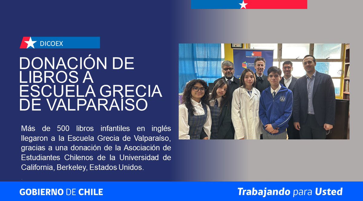 dicoex's tweet photo. Libros infantiles en inglés llegaron a la Escuela Grecia de Valparaíso.

La donación fue gestionada por la Asociación de Estudiantes Chilenos de UC Berkeley, con el apoyo de @CGChileSanFco 

Revisa la nota https://t.co/K4eZEgtZZg https://t.co/5eZOT9FwQb
