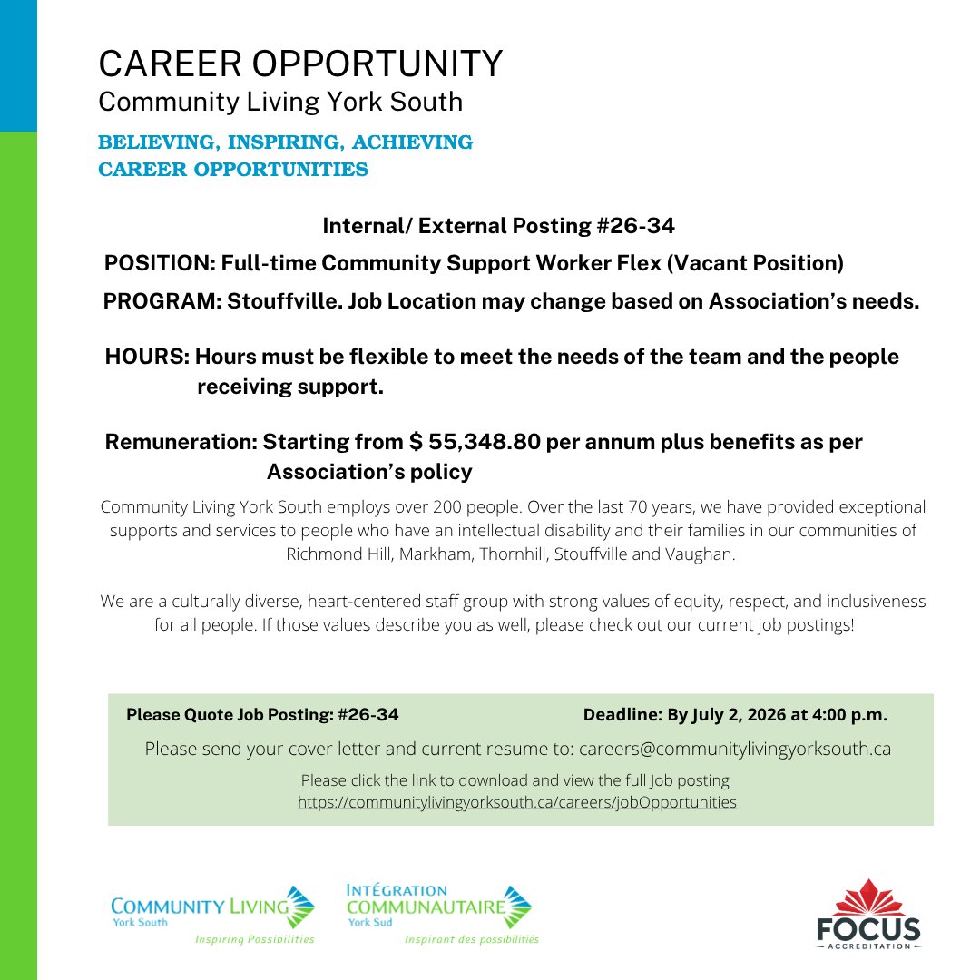CLYorkSouth's tweet photo. We're Hiring!  Full-time Community Support Worker Flex (Vacant Position)

📅 Apply by: July 2, 2026 at 4:00 PM 

Please click the link to view the full Job posting: https://t.co/r1W2leWFAo https://t.co/JuThJokq3h