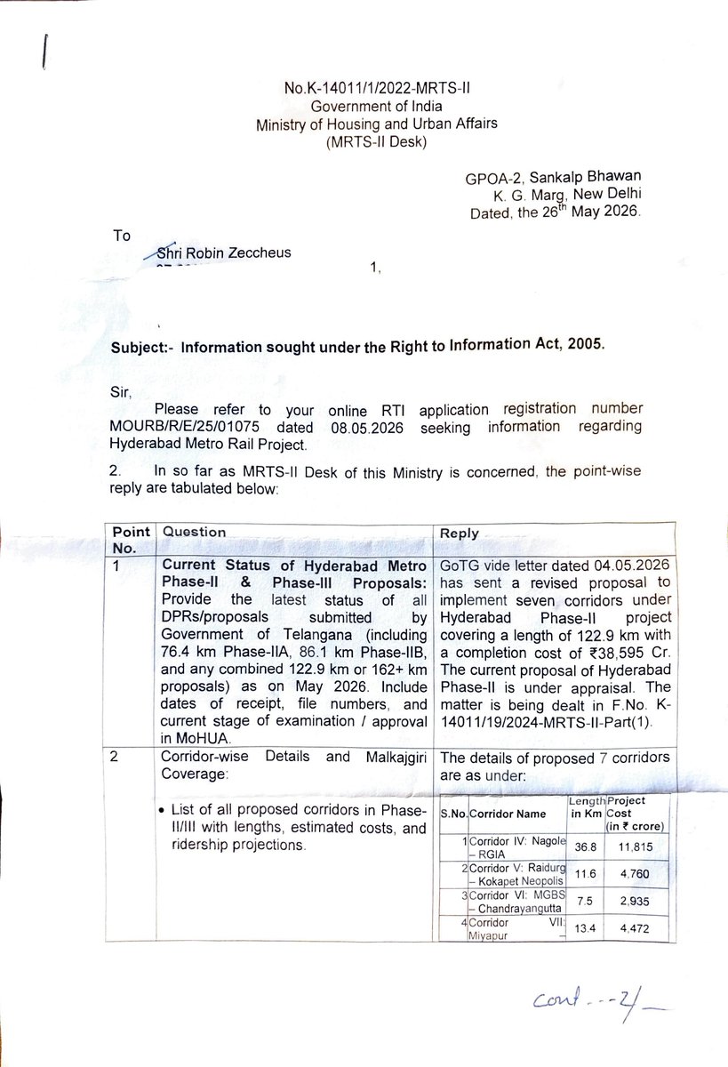 RobinZaccheus's tweet photo. 🚨 Malkajgiri – India’s Largest Parliamentary Constituency TOTALLY IGNORED by Telangana Govt & HMRL with 31.5–37 lakh voters & 13–15 lakh urban population, Malkajgiri (ECIL–Neredmet–Secunderabad–AS Rao Nagar–Kapra) has massive ridership potential for Hyderabad Metro Phase-II.

Yet Hyderabad Metro Phase-II (162 km) has zero dedicated corridor for this high-density zone. No OD survey. No ridership study. No comparative analysis. 
Apparently, @MoHUA_India's RTI reveal the proposal is currently under appraisal in MoHUA (File No. K-14011/19/2024-MRTS-II-Part(1)) further refused to disclose the DPR. 

Just arbitrary exclusion while pushing lower-density corridors that risk becoming white elephants. This is blatant violation of Article 14 (equality) & Article 21 (right to dignified mobility). Public funds + central share at stake. MoHUA has forwarded my grievance (DOURD/E/2026/0010273) to Govt of Telangana & HMRL regarding exclusion of Malkajgiri in the Project.

Our Clear Demands:  Immediate independent IIT/CRRI audit of ridership projections and equity.  
Mandatory inclusion of Tarnaka–ECIL–Neredmet–Secunderabad–Parade Grounds corridor in Phase-II/III. Full public disclosure of all DPRs, traffic studies, and decision records.

Public funds + Central share at risk of being wasted on lower-priority corridors.

If the Telangana Government and MoHUA fail to correct this injustice immediately, the citizens of Malkajgiri will have no option but to approach the Hon’ble High Court of Telangana for enforcement of constitutional rights and equitable development.

#MalkajgiriNeedsMetro #HyderabadMetroPhase2 #TelanganaGovt #UrbanEquity