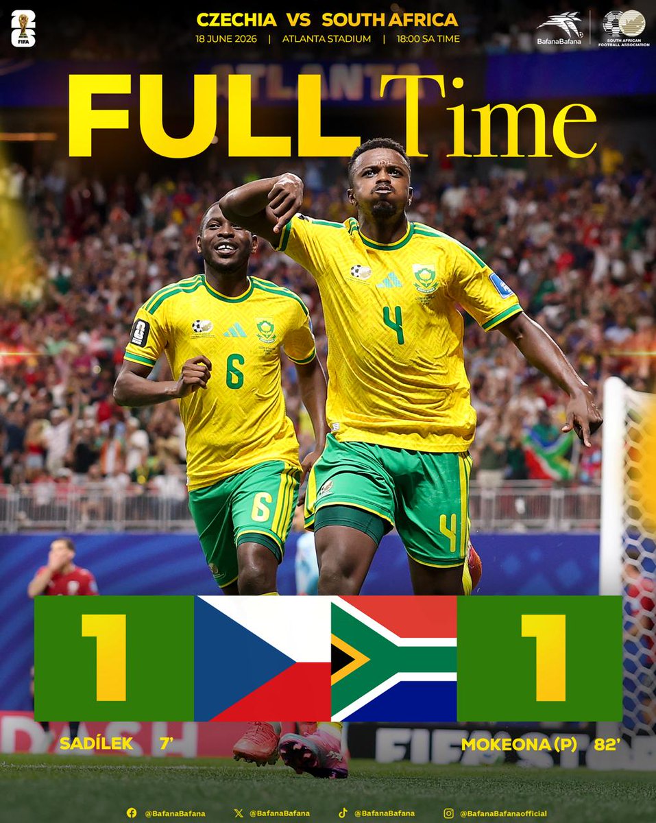 BafanaBafana's tweet photo. Bafana Bafana fight back to earn a draw, and it ends 1-1 against Czechia at the Atlanta Stadium, thanks to a Teboho Mokoena penalty in the second half

#BafanaBafana
#BafanaPride
#FifaWorldCup https://t.co/vqwaJdMJo4