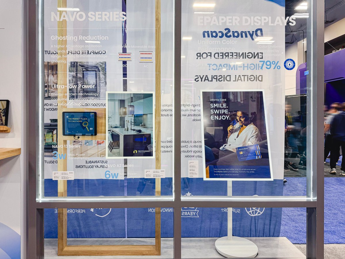 dynascan's tweet photo. Paper-Like Clarity. Powerful Possibilities. Discover the versatility of Navo ePaper displays at InfoComm 2026. 

Visit #infocomm Booth C5500 to see how ePaper technology is opening new opportunities for smart, scalable signage deployments. https://t.co/YKigraMCfr