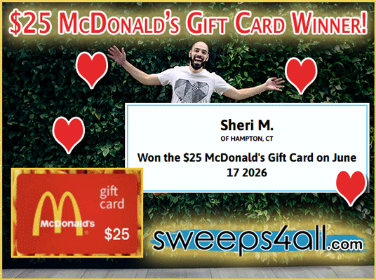 SweepsForAll's tweet photo. 😊Sheri M. of Hampton, Connecticut, Won the $25 McDonald's Gift Card on June 17, 2026!🍟🍔 Craving a double cheeseburger with fries now?😋

🏆Enter to win the next prize drawing: https://t.co/8KM4XnUfCU
100% Free Sweeps4All! https://t.co/262HFmNP7c