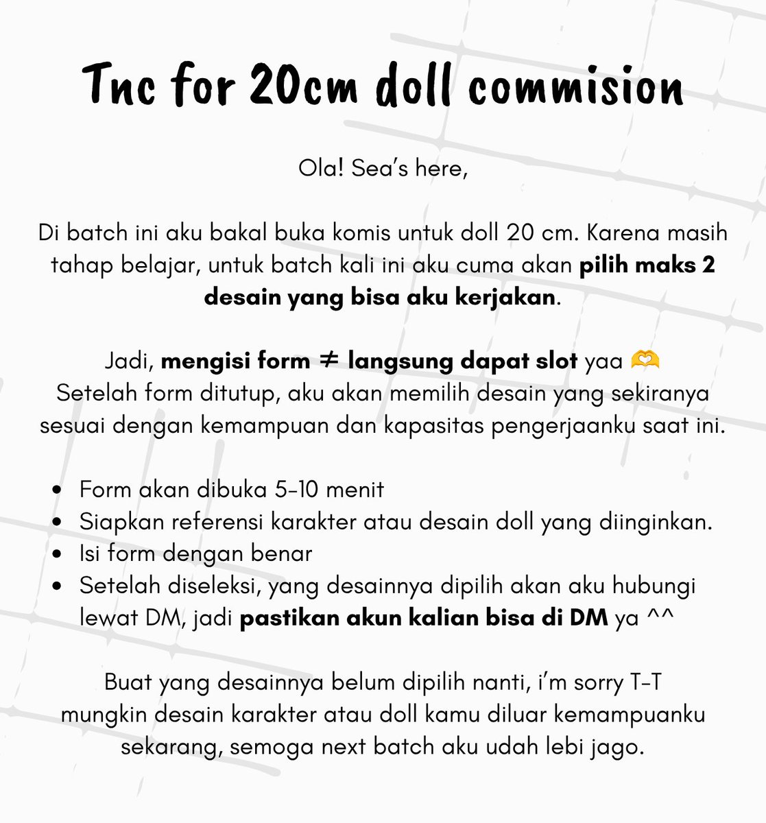 0sseaa_'s tweet photo. 20 cm Doll Commission Open!  

Hanya akan dipilih 2 desain!! 
Form dibuka 20 Jun, 12.30 WIB 
https://t.co/0ThAI42v3d

⚠️Informasi lengkap silakan cek https://t.co/CcmSE7Y4Vc, pastikan membaca TnC dibawah dengan benar. No cancel ketika dapet slot. https://t.co/FcEFYxXybh