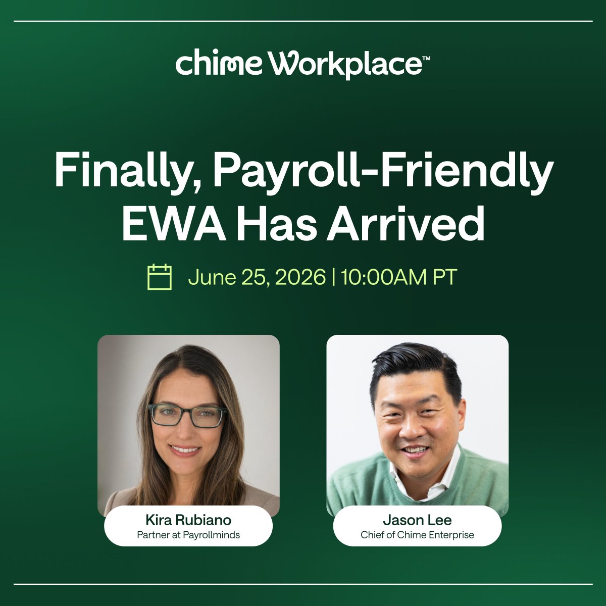 ChimeWorkplace's tweet photo. Every few years, payroll gets a little friendlier.

RPA. Self-service portals. Next up: earned wage access.

No repayment friction. No tax surprises. A win for your people that's actually a win for you.

Kira Rubiano from Payrollminds joins Jason Lee to break down:
➡️ Why payroll-friendly systems are critical 
➡️ What payroll-friendly EWA is 
➡️ How you can deliver a strategic win at no cost

Grab a seat 👇
https://t.co/2iyKTrNHCh