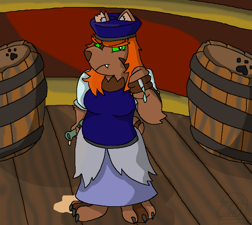 NezzyDraws99's tweet photo. "In a traveler's experience, never anger the local barkeep.

They'll go to the hells to find you, seize you, and make damn sure you pay the tab.

Bonnie's no exception. Although most who try to fleece her tend to not get very far.

And she's been due for some new  furniture..." https://t.co/ePi6N1fxuM