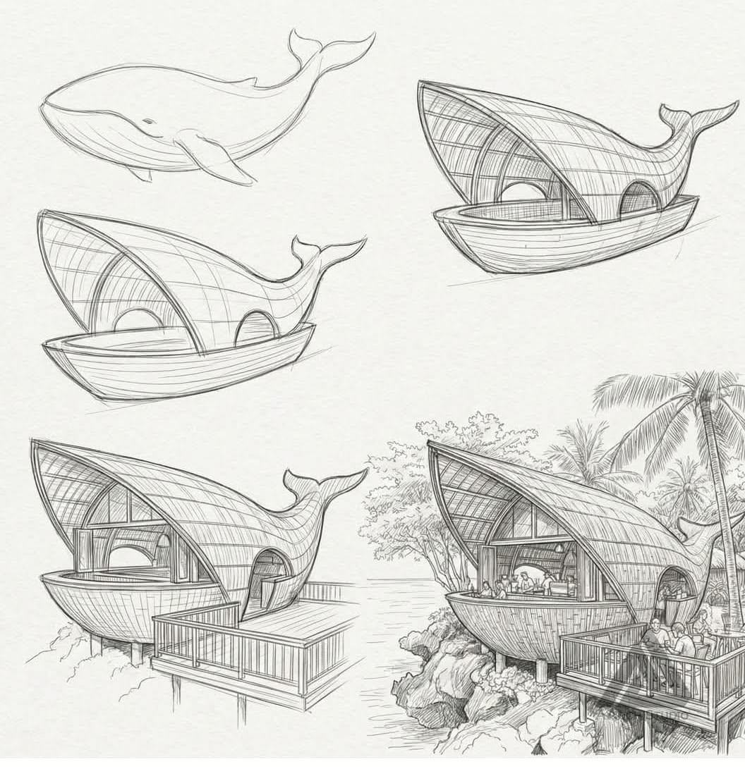 sumonmia0's tweet photo. A whale isn't just beautiful. It's structurally perfect. So we built one. Bamboo skeleton. Curved shell roof. Arched interior. Rock piloti foundation.with nature and start designing FROM it.  #BiomorphicArchitecture #Biomimicry #ArchitectureTwitter #SustainableDesign #CafeDesign https://t.co/zqXKjYr09e