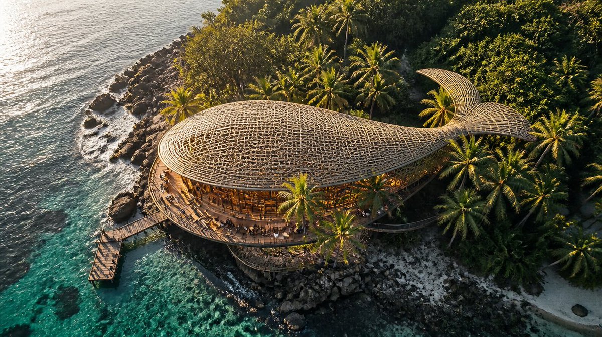 sumonmia0's tweet photo. A whale isn't just beautiful. It's structurally perfect. So we built one. Bamboo skeleton. Curved shell roof. Arched interior. Rock piloti foundation.with nature and start designing FROM it.  #BiomorphicArchitecture #Biomimicry #ArchitectureTwitter #SustainableDesign #CafeDesign https://t.co/zqXKjYr09e