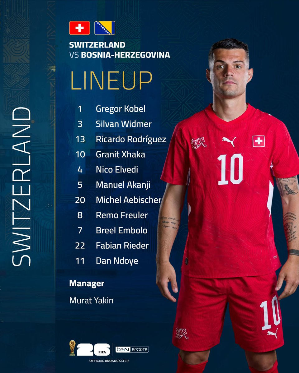 arul_80009's tweet photo. 🚨 Starting XI's

Here's a look at the sides as Switzerland take on Bosnia-Herzegovina in Group B!

#FIFAWorldCup | #beINWC26 | #Switzerland  | #BosniaHerzegovina https://t.co/1688HYJBXU