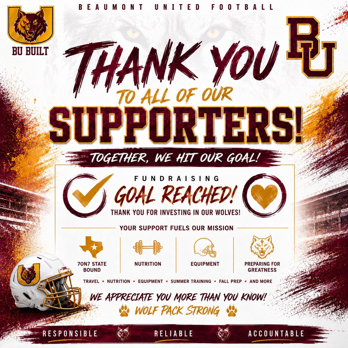 BmtUnitedFtbl's tweet photo. Thank you, Wolf Pack! 🐺❤️
Because of your support, our Wolves are headed to the UIL 7on7 State Tournament with room and food expenses covered.
We couldn’t do it without you. Wolf Pack Strong! #BUBuilt #ProtectThePack https://t.co/xYvf2CMZkl
