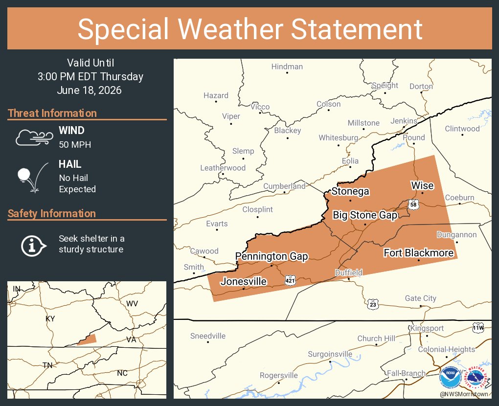 NWSMorristown's tweet photo. A special weather statement has been issued for Big Stone Gap VA, Norton VA and  Wise VA until 3:00 PM EDT https://t.co/HthHCKoU1g