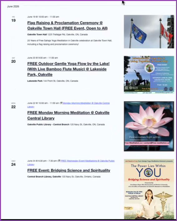 SY_Halton's tweet photo. 💌🧘Come &amp; Celebrate @townofoakville the Flag Raising Ceremony for "Sahaja Yoga Meditation DAY" Proclamation by the @MayorRobBurton  on FRI Jun 19 at 10AM @ 1225 Trafalgar Rd. 

🍁20 years of volunteering in #mentalhealth: https://t.co/z5j6dvjm6v

@VisitOakville @NewsInOakville https://t.co/PWkYz7uYrZ