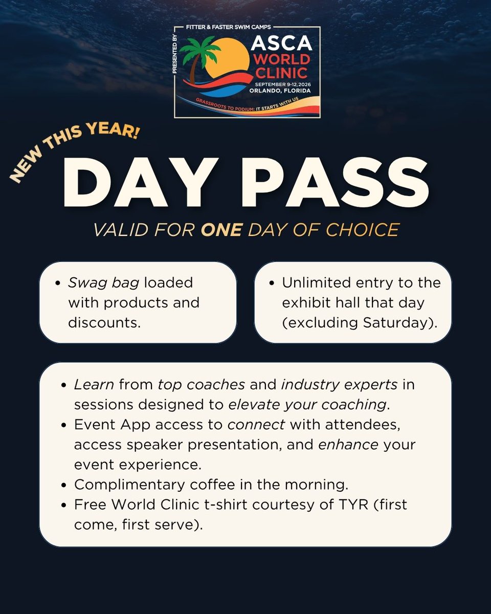 ASCAswim's tweet photo. DID YOU KNOW? We're offering day passes for the 2026 ASCA World Clinic, presented by Fitter & Faster! 

You must preselect a day to attend at checkout, but attend the World Clinic at a fraction of the cost! The only difference is no access to the exhibit hall on Saturday. On any other day, enjoy the same perks as full clinic pass members!

Register today at https://t.co/zA4fv5WbPj
