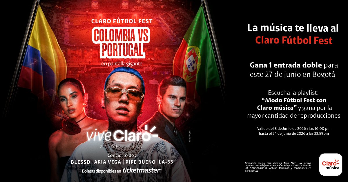ClaroMusicaCO's tweet photo. ¿Partido o concierto? Ambas. ⚽ Colombia vs. Portugal en pantalla gigante
🎤 Blessd, Aria Vega y Pipe Bueno
📍 Bogotá | 27 de junio
https://t.co/62A6Wo8sJR
Entre más escuches, más oportunidades tendrás de ganar. 🎧🔥
#ClaroMúsica #ClaroFútbolFest #ViveClaro https://t.co/IymXezt2P3