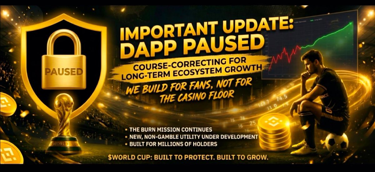 wcup_bnb's tweet photo. 📢 Important Update from the World Cup Team

When we launched the betting dApp, our goal was simple: build real utility, burn supply, and help $World Cup grow over the long term.

We shipped it. The burns worked. The product worked. But we have to be honest with our community about what we've seen since launch:

The daily win/lose cycle turned $World Cup into a short-term gamble. Winners cash out and sell. The burn is real  but the sell pressure from payouts is cancelling out the growth we built this for.

That's not what we set out to build. $World Cup was never meant to be a casino chip. It was meant to be a long-term ecosystem token millions of football fans can hold and benefit from.

So today we're making a hard call:

🛑 The betting dApp is PAUSED, effective immediately.

We'd rather admit a mistake early than let it quietly damage the project. Real builders course-correct.

🔥 What stays the same:
• The burn mission continues
• The World Cup theme continues
• The long-term vision continues

🚀 What's coming:

We're a tight in-house team 3 blockchain engineers building full-time. We're already developing a new utility that delivers the same burn engine, without turning $World Cup into a daily gamble and without burning users' money in the process.

The next product is designed to be genuinely useful. Something that rewards holders instead of extracting from them. Built for the long term. Built to protect the people who believe in this project.

We won't ship until it's right this time.

$World Cup is built for millions of fans not for a casino floor. ⚽️

Thank you to every holder who's stayed patient. The best chapter starts now.