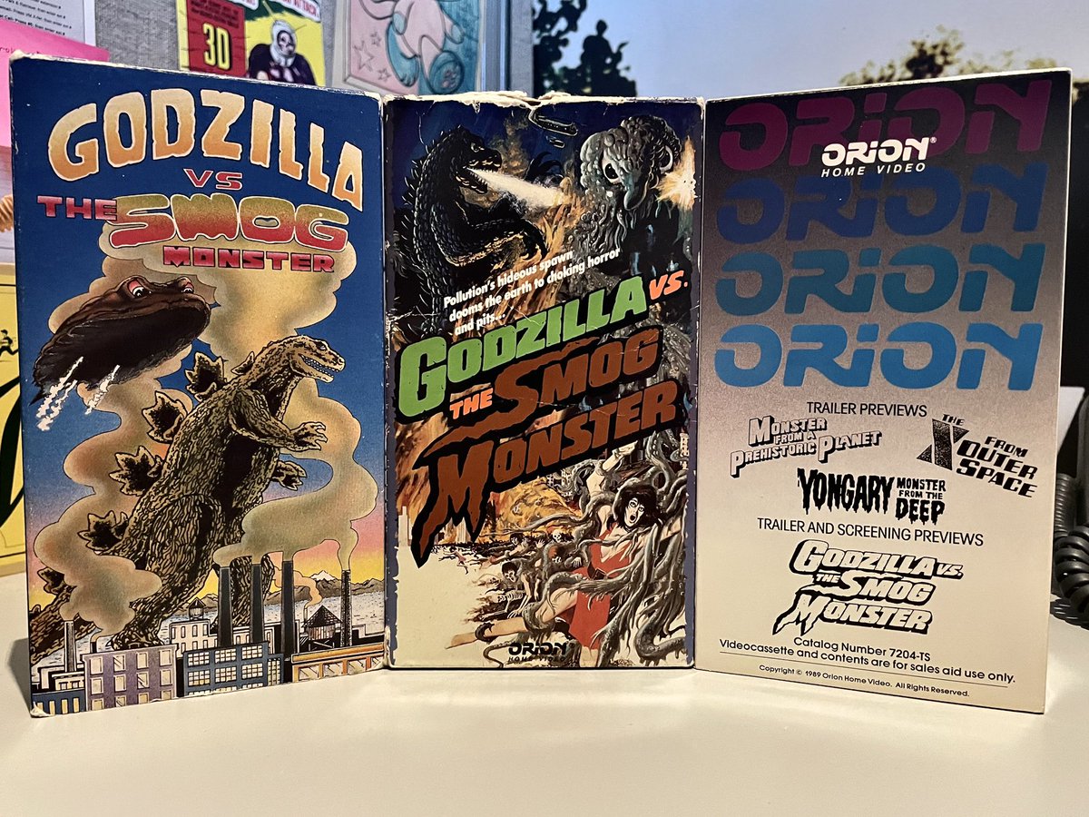 Danzilla93_GNP's tweet photo. GODZILLA VS. HEDORAH (1971) was only released three times on VHS in the US: from Simitar in 1990 (left), Orion in 1989 (middle) and as an uber-rare Orion screener tape (right).

All three contain the original AIP dub, which never made it to DVD.

A true piece of Godzilla history! https://t.co/d4YRoONGS0