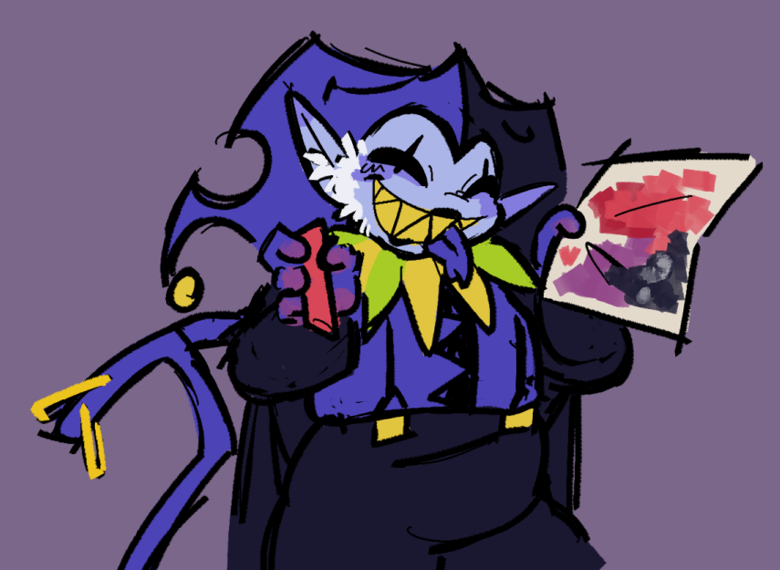 jevil_fucker's tweet photo. day 18 of my #jeviljune jevil is an artist! look at his crayon drawing!!! https://t.co/T1Pyx3AnZd