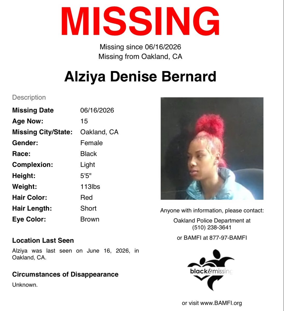 BAM_FI's tweet photo. #Oakland, #CA: 15y/o Alziya was last seen on June 16 wearing a pink bonnet, black top, and black shorts.

Have you seen her?

Please SHARE to #HelpUsFindAlziyaBernard #AlziyaBernard #HelpUsFindUs https://t.co/H6MPK2gHx5
