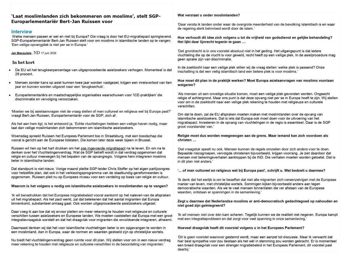 JosTeunissen2's tweet photo. 'Echte vluchtelingen hebben een veilige haven nodig, maar laat moslimlanden zich bekommeren om moslims’, aldus SGP-Europarlementariër Bert-Jan Ruissen. ‘Moeten we bij asielaanvragen niet de vraag stellen of men cultureel en religieus wel bij Europa past?' https://t.co/7wmpQz4IM7 https://t.co/fxJEeIStHE