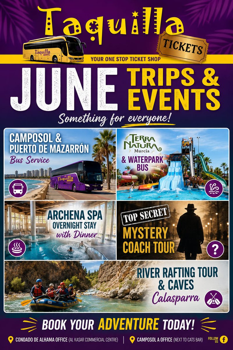 MurciaToday's tweet photo. Looking for something different this June? Taquilla Tickets has everything from a mystery tour and river rafting adventure to a Valencia city break and Rod Stewart live in concert. Which trip would you choose?
Read more: https://t.co/goYz3x7bkW https://t.co/JOdtCWJJr6