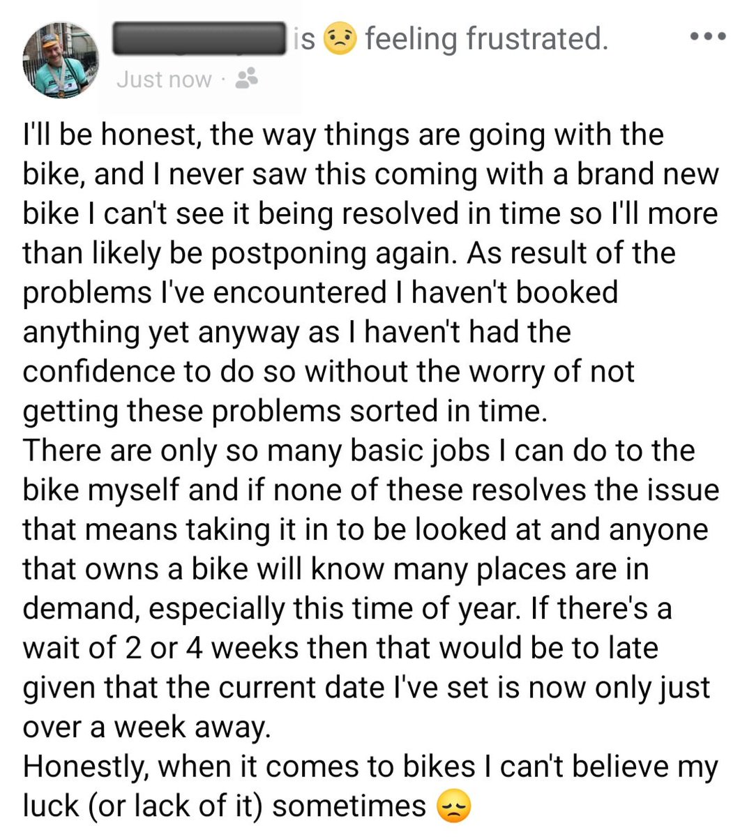 CB_cycles's tweet photo. I made an announcement earlier on Facebook regarding #LEJOG plans. With the issues with the new bike which I'd never guessed in a million years would happen, it's knocking my confidence and I can't see me starting on the 28th June 😞 #cycling #cyclistproblems #setbacks https://t.co/i3HJLRBQNW