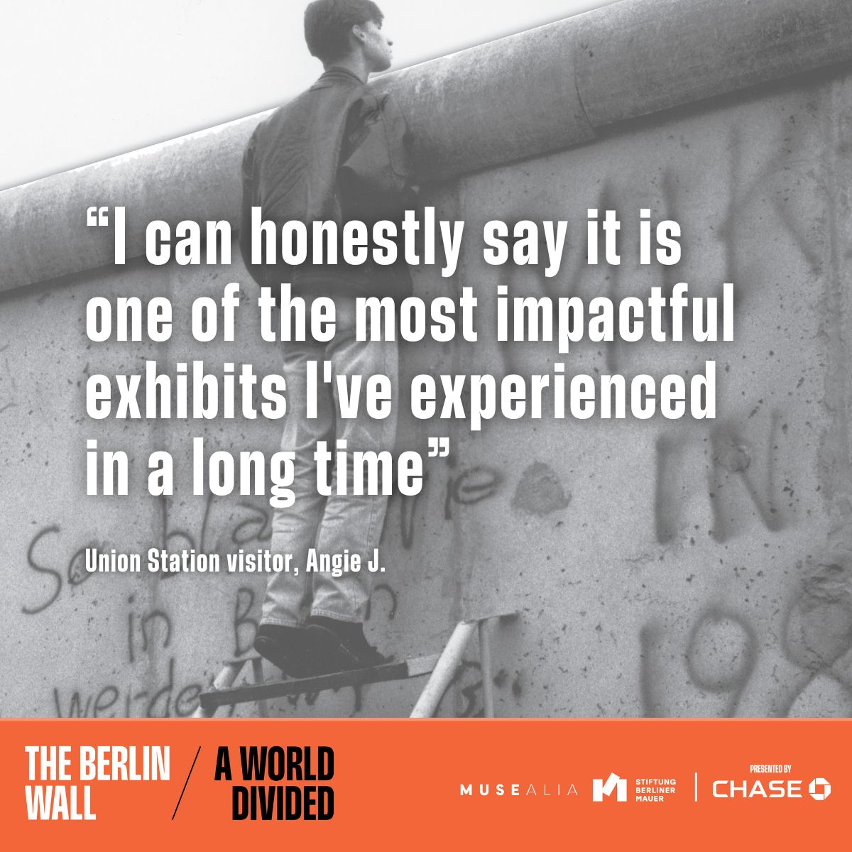 UnionStationKC's tweet photo. The Berlin Wall: A World Divided is NOW OPEN, making its North American premiere at Union Station Kansas City.

Secure your tickets now >>
https://t.co/brJJNyBVVl 

One of the defining symbols of the 20th century, the Berlin Wall divided a city for nearly three decades. This new exhibition from the producers of Auschwitz: Not Long Ago. Not Far Away brings that history to life through immersive storytelling, original sections of the Berlin Wall, more than 200 rare artifacts, and personal testimonies from both sides of the Wall.

Experience life on the front line of the Cold War and stand face-to-face with the Wall that divided the world.

Discover the stories that tore it down.

Tickets available daily through December 13.

Limited capacity. Advance purchase encouraged.

The Berlin Wall: A World Divided is produced by Musealia in collaboration with the Berlin Wall Foundation and presented at Union Station by Chase.