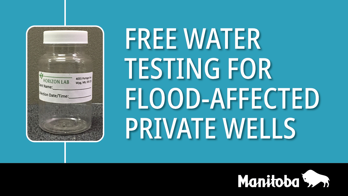 MBGov's tweet photo. If your private well was affected by flooding, boil water before use until the floodwaters recede. Then test your well. MB is offering one free water test for flood-affected private wells from June 15 to Aug. 31. To learn more, visit https://t.co/pu0u0mfI72. #MBFlood https://t.co/yJLrM3tm6u