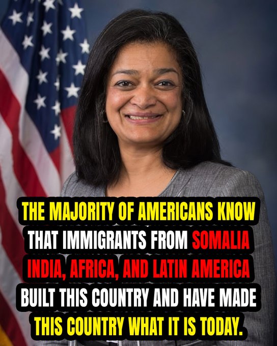 Blueverse01's tweet photo. Rep. Jayapal claims that immigrants from specific regions "built this country." While immigration is a key part of America, many argue this overlooks the foundational role of early settlers and all hardworking Americans across generations.

Where do you stand on this?
A. Agree with Jayapal 👍
B. Disagree 👎