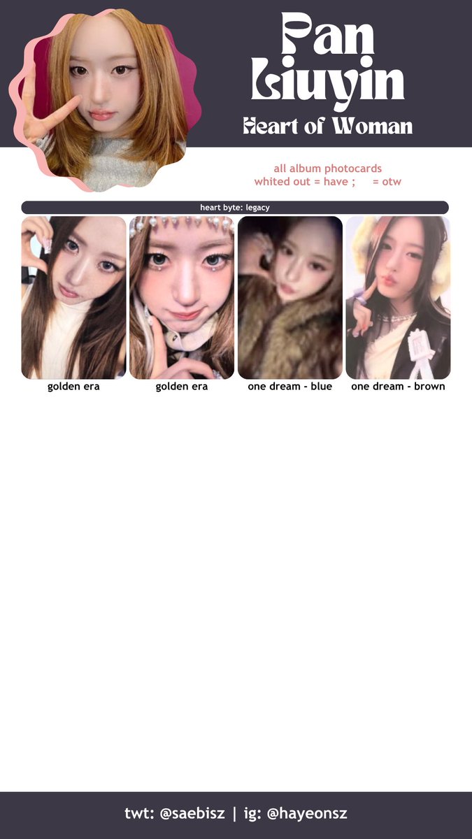 saebisz's tweet photo. heart of woman 하트오브우먼 h.o.w. how photocard 포토카드 template
heart byte: legacy

liri 리리 pan liuyin 판류인 https://t.co/8lgIh8CxOd